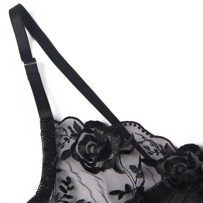 SUBBLIME - CONJUNTO DE 3 PEÇAS SUTI + TANGA + LIGA ESTAMPADO FLORAL PRETO S/M - D-239313 - Dona Pimenta