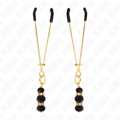 KINK - PINÇAS FINAS DOURADAS COM 3 CONTAS DE VIDRO PRETAS 7 CM - D-240966 - Dona Pimenta
