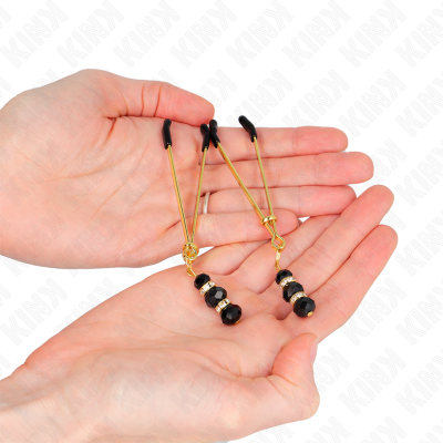 KINK - PINÇAS FINAS DOURADAS COM 3 CONTAS DE VIDRO PRETAS 7 CM - D-240966 - Dona Pimenta