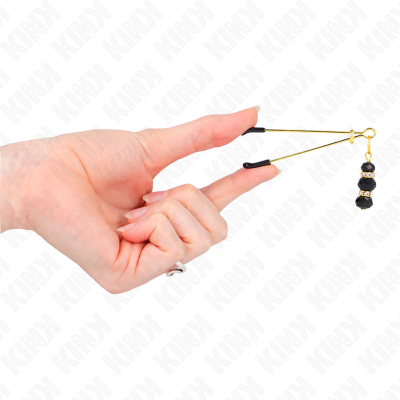 KINK - PINÇAS FINAS DOURADAS COM 3 CONTAS DE VIDRO PRETAS 7 CM - D-240966 - Dona Pimenta