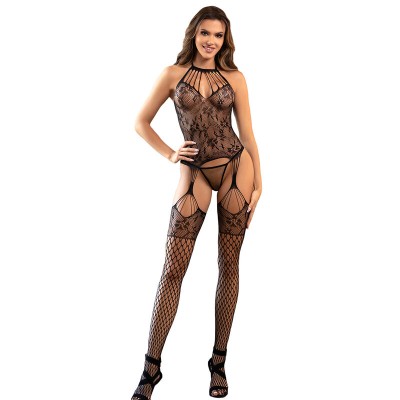 SUBBLIME - 952136 BODYSTOCKING SEM FUNDO DE REDE COM DETALHES FLORAIS E DECOTE HALTER PRETO TAMANHO ÚNICO - D-241362 - Dona Pime