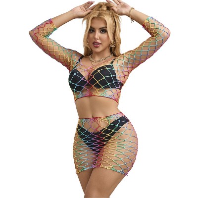 SUBBLIME - 952440 2 PEÇAS FISHNET BODYSTOCKING MANGA COMPRIDA ARCO-ÃRIS TAMANHO ÚNICO - D-241393 - Dona Pimenta