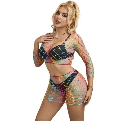 SUBBLIME - 952440 2 PEÇAS FISHNET BODYSTOCKING MANGA COMPRIDA ARCO-ÃRIS TAMANHO ÚNICO - D-241393 - Dona Pimenta