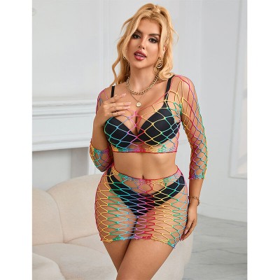 SUBBLIME - 952440 2 PEÇAS FISHNET BODYSTOCKING MANGA COMPRIDA ARCO-ÃRIS TAMANHO ÚNICO - D-241393 - Dona Pimenta