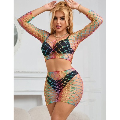 SUBBLIME - 952440 2 PEÇAS FISHNET BODYSTOCKING MANGA COMPRIDA ARCO-ÃRIS TAMANHO ÚNICO - D-241393 - Dona Pimenta