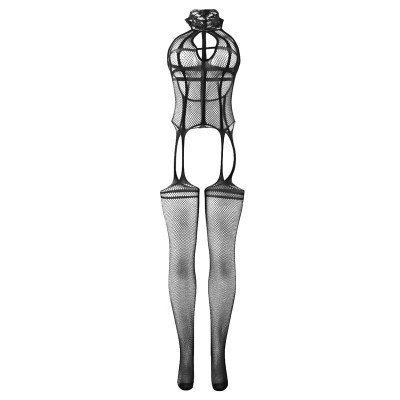 SUBBLIME - 951986 BODYSTOCKING SEM PONTA FISHNET COM ESTAMPAS NO GOLA PRETO TAMANHO ÚNICO - D-241347 - Dona Pimenta