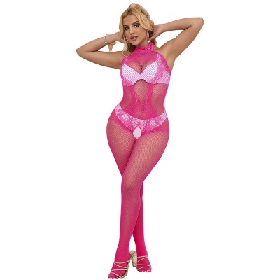 SUBBLIME - 952389 BODYSTOCKING SEM FUNDO DE REDE E RENDA COM GOLA ALTA ROSA TAMANHO ÚNICO - D-241387 - Dona Pimenta