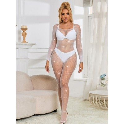 SUBBLIME - 952396 BODYSTOCKING DE REDE COM DIAMANTES MANGA COMPRIDA BRANCO TAMANHO ÚNICO - D-241388 - Dona Pimenta