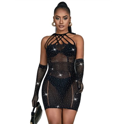 SUBBLIME - 952235 BODYSTOCKING DE REDE COM STRASS E LUVAS PRETAS TAMANHO ÚNICO - D-241372 - Dona Pimenta