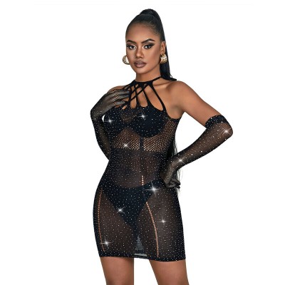 SUBBLIME - 952235 BODYSTOCKING DE REDE COM STRASS E LUVAS PRETAS TAMANHO ÚNICO - D-241372 - Dona Pimenta
