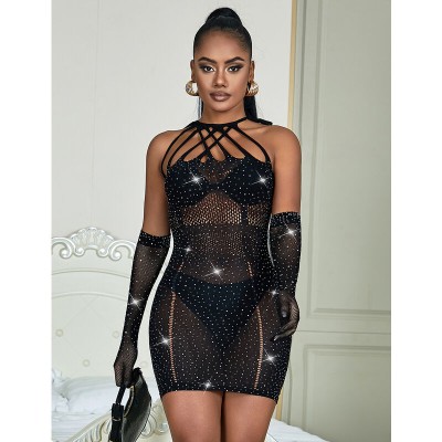 SUBBLIME - 952235 BODYSTOCKING DE REDE COM STRASS E LUVAS PRETAS TAMANHO ÚNICO - D-241372 - Dona Pimenta