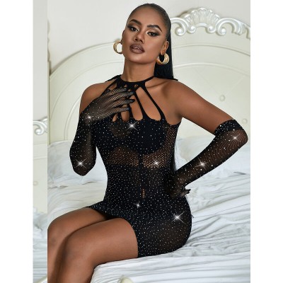 SUBBLIME - 952235 BODYSTOCKING DE REDE COM STRASS E LUVAS PRETAS TAMANHO ÚNICO - D-241372 - Dona Pimenta