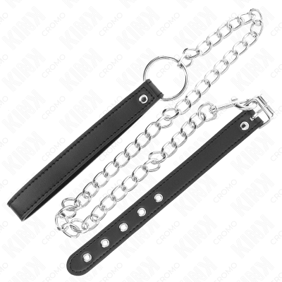 KINK - ANEL DE COURO PARA O PÉNIS 21,5 X 2 CM COM CORRENTE DE METAL DE 60 CM E TIRA DE COURO - D-241280 - Dona Pimenta