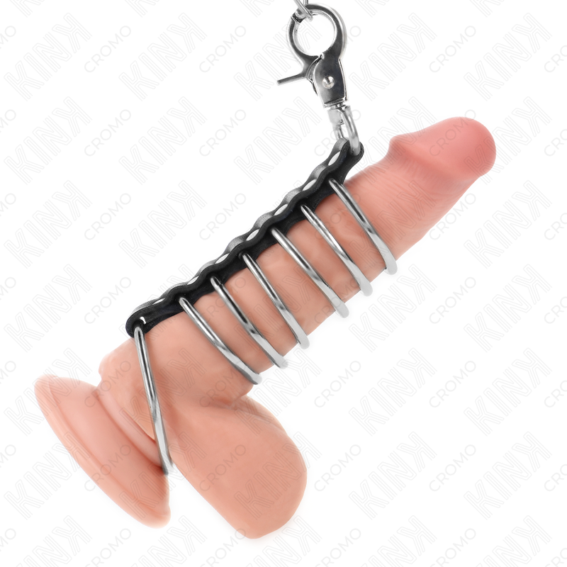 KINK - 7 ANÉIS DE METAL DE 3,8 CM A 5 CM CONECTADOS COM COURO E CORRENTE DE METAL 100 CM - D-241284 - Dona Pimenta