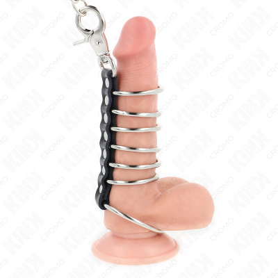 KINK - 7 ANÉIS DE METAL DE 3,8 CM A 5 CM CONECTADOS COM COURO E CORRENTE DE METAL 100 CM - D-241284 - Dona Pimenta