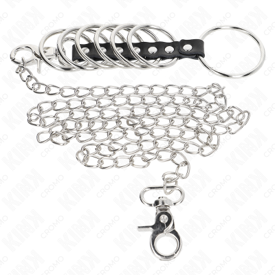 KINK - 7 ANÉIS DE METAL DE 3,8 CM A 5 CM CONECTADOS COM COURO E CORRENTE DE METAL 100 CM - D-241284 - Dona Pimenta