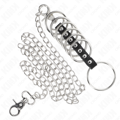 KINK - 7 ANÉIS DE METAL DE 3,8 CM A 5 CM CONECTADOS COM COURO E CORRENTE DE METAL 100 CM - D-241284 - Dona Pimenta