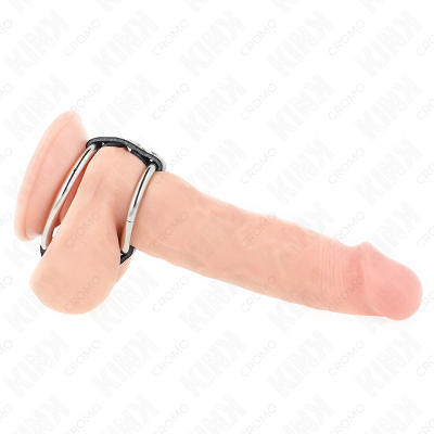 KINK - ANEL DE PÉNIS DUPLO DE METAL DE 3,8 CM A 5 CM CONECTADO COM COURO - D-241244 - Dona Pimenta