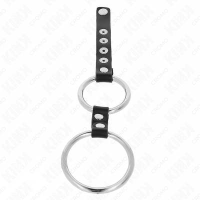 KINK - ANEL DE PÉNIS DUPLO DE METAL DE 3,8 CM A 5 CM CONECTADO COM COURO - D-241244 - Dona Pimenta