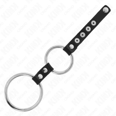 KINK - ANEL DE PÉNIS DUPLO DE METAL DE 3,8 CM A 5 CM CONECTADO COM COURO - D-241244 - Dona Pimenta
