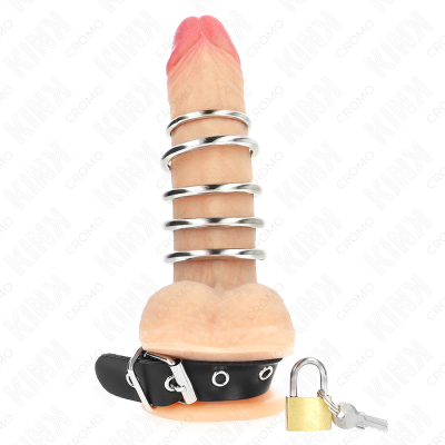 KINK - ANEL DE COURO PARA O PÉNIS COM TIRA DE TRAVA 21 X 2 CM E 5 ANÉIS DE METAL DE 3 CM A 4 CM - D-241268 - Dona Pimenta