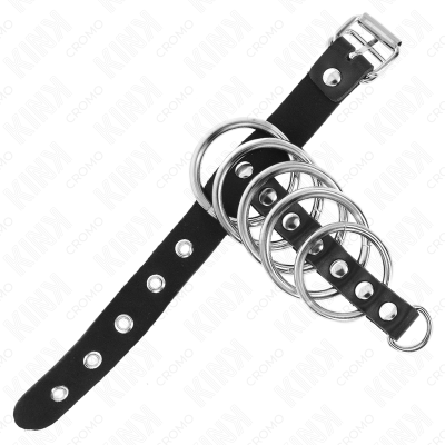 KINK - ANEL DE COURO PARA O PÉNIS COM TIRA DE TRAVA 21 X 2 CM E 5 ANÉIS DE METAL DE 3 CM A 4 CM - D-241268 - Dona Pimenta