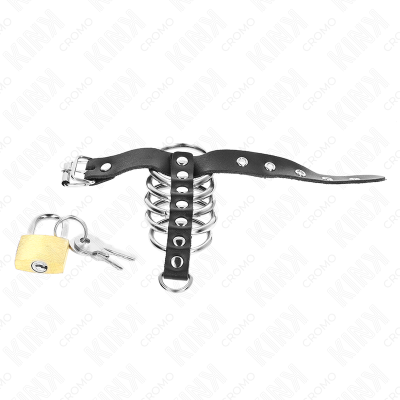 KINK - ANEL DE COURO PARA O PÉNIS COM TIRA DE TRAVA 21 X 2 CM E 5 ANÉIS DE METAL DE 3 CM A 4 CM - D-241268 - Dona Pimenta