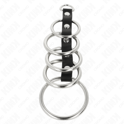 KINK - 5 ANÉIS DE METAL DE 3,2 CM A 5 CM CONECTADOS POR COURO - D-241269 - Dona Pimenta