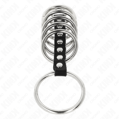 KINK - 7 ANÉIS DE METAL DE 3,2 CM A 5 CM CONECTADOS POR COURO - D-241270 - Dona Pimenta
