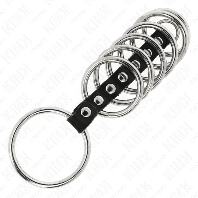 KINK - 7 ANÉIS DE METAL DE 3,2 CM A 5 CM CONECTADOS POR COURO - D-241270 - Dona Pimenta