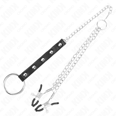 KINK - ANEL DE PÉNIS DE METAL COM CORRENTE E GRAMPOS DE MAMILO AJUSTÁVEIS - D-241279 - Dona Pimenta