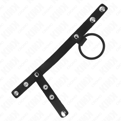 KINK - ANEL DE PÉNIS DE SILICONE 3,8 CM COM DIVISOR DE BOLAS E TIRA DE COURO 22 X 1,5 CM - D-241281 - Dona Pimenta