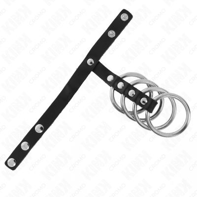 KINK - 4 ANÉIS DE METAL 3,8 CM CONECTADOS COM TIRA DE COURO 22 X 1,5 CM E FECHO DE PRESSÃO - D-241285 - Dona Pimenta