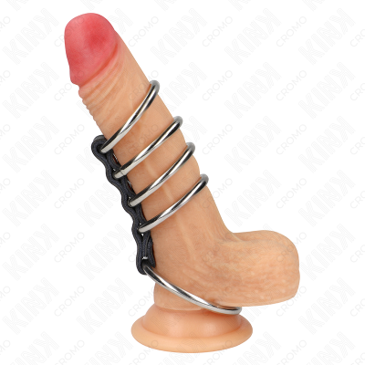 KINK - 5 ANÉIS DE PÉNIS DE 3,7 CM A 5 CM DE METAL CONECTADOS POR COURO - D-241288 - Dona Pimenta
