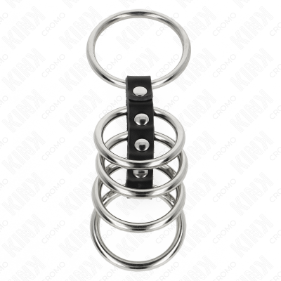KINK - 5 ANÉIS DE PÉNIS DE 3,7 CM A 5 CM DE METAL CONECTADOS POR COURO - D-241288 - Dona Pimenta