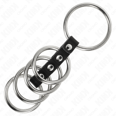 KINK - 5 ANÉIS DE PÉNIS DE 3,7 CM A 5 CM DE METAL CONECTADOS POR COURO - D-241288 - Dona Pimenta