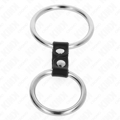 KINK - ANEL DE PÉNIS DUPLO DE METAL 3,7 CM A 5 CM CONECTADO POR TIRA DE COURO MODELO 2 - D-241289 - Dona Pimenta