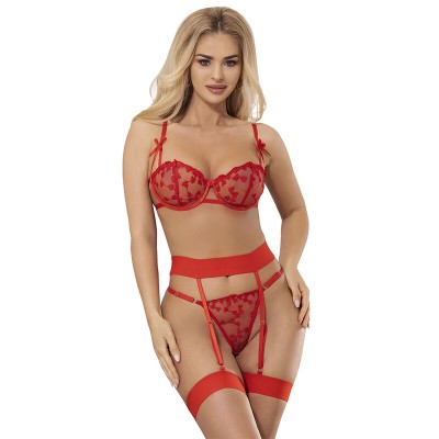 SUBBLIME - 954321 SUTIÃ COM ESTAMPA DE CORAÇÃO + TANGA + CINTO-LIGA VERMELHO S/M - D-242211 - Dona Pimenta