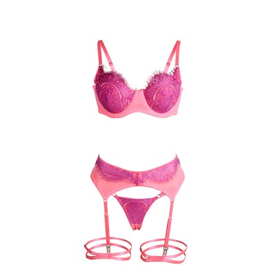 SUBBLIME - 955366 CONJUNTO DE SUTIÃ COM RENDA E LIGAS ROSA E ROXO L/XL - D-242655 - Dona Pimenta