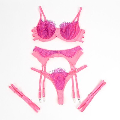 SUBBLIME - 955366 CONJUNTO DE SUTIÃ COM RENDA E LIGAS ROSA E ROXO L/XL - D-242655 - Dona Pimenta