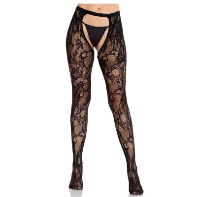 LEG AVENUE - MEIAS DE RENDA ROSA COM COSTAS ABERTAS PRETAS - D-243066 - Dona Pimenta