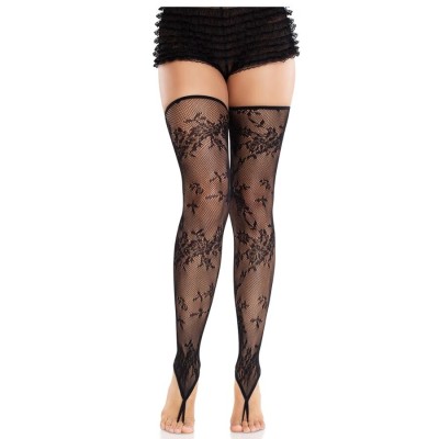 LEG AVENUE - MEIAS SEM PÃS DE RENDA FLORAL PRETAS - D-243073 - Dona Pimenta