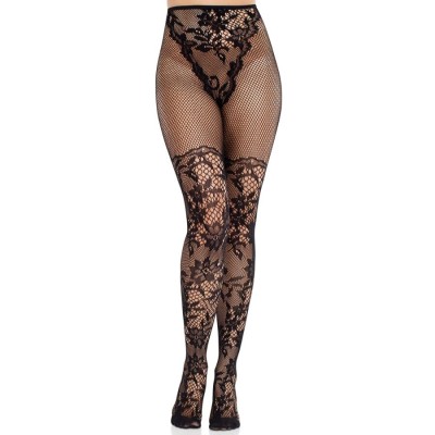 LEG AVENUE - MEIAS DE RENDA DÃLIA COM DETALHE DE REDE PRETAS - D-243097 - Dona Pimenta