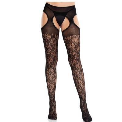 LEG AVENUE - MEIAS DE RENDA FLORAL COM LIGAS UNITED BLACK - D-243069 - Dona Pimenta