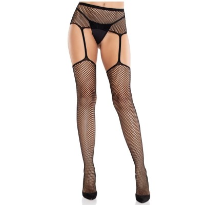 LEG AVENUE - MEIAS DE RENDA COM CRUZ E CINTO-LIGA PRETO - D-243070 - Dona Pimenta