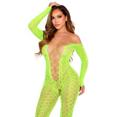LEG AVENUE - BODYSTOCKING SEM BASE EXÓTICO RENDA DE COBRA VERDE NEON - D-243083 - Dona Pimenta