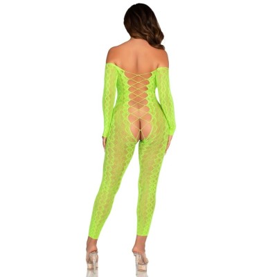 LEG AVENUE - BODYSTOCKING SEM BASE EXÓTICO RENDA DE COBRA VERDE NEON - D-243083 - Dona Pimenta
