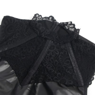 SUBBLIME - 957544 VESTIDO DE COURO COM GOLA DE RENDA PRETO S/M - D-242919 - Dona Pimenta