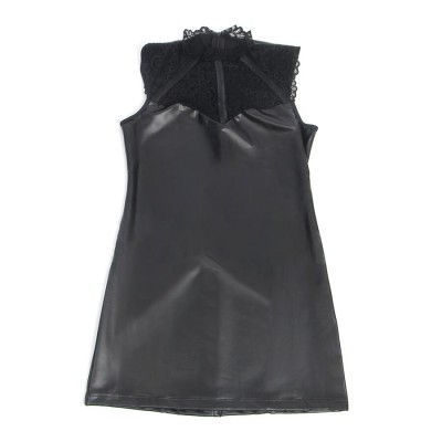 SUBBLIME - 957544 VESTIDO DE COURO COM GOLA DE RENDA PRETO S/M - D-242919 - Dona Pimenta