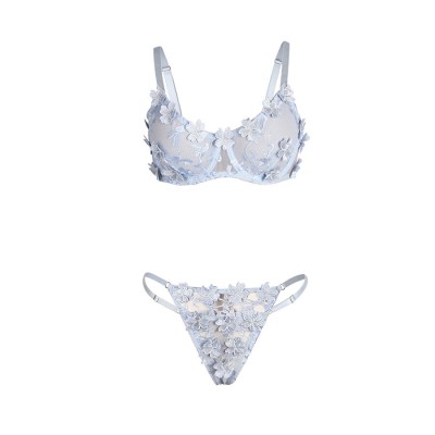 SUBBLIME - 957629 CONJUNTO DE SUTIÃ E CALCINHA BORDADOS COM FLORES AZUL CELESTE S/M - D-242927 - Dona Pimenta